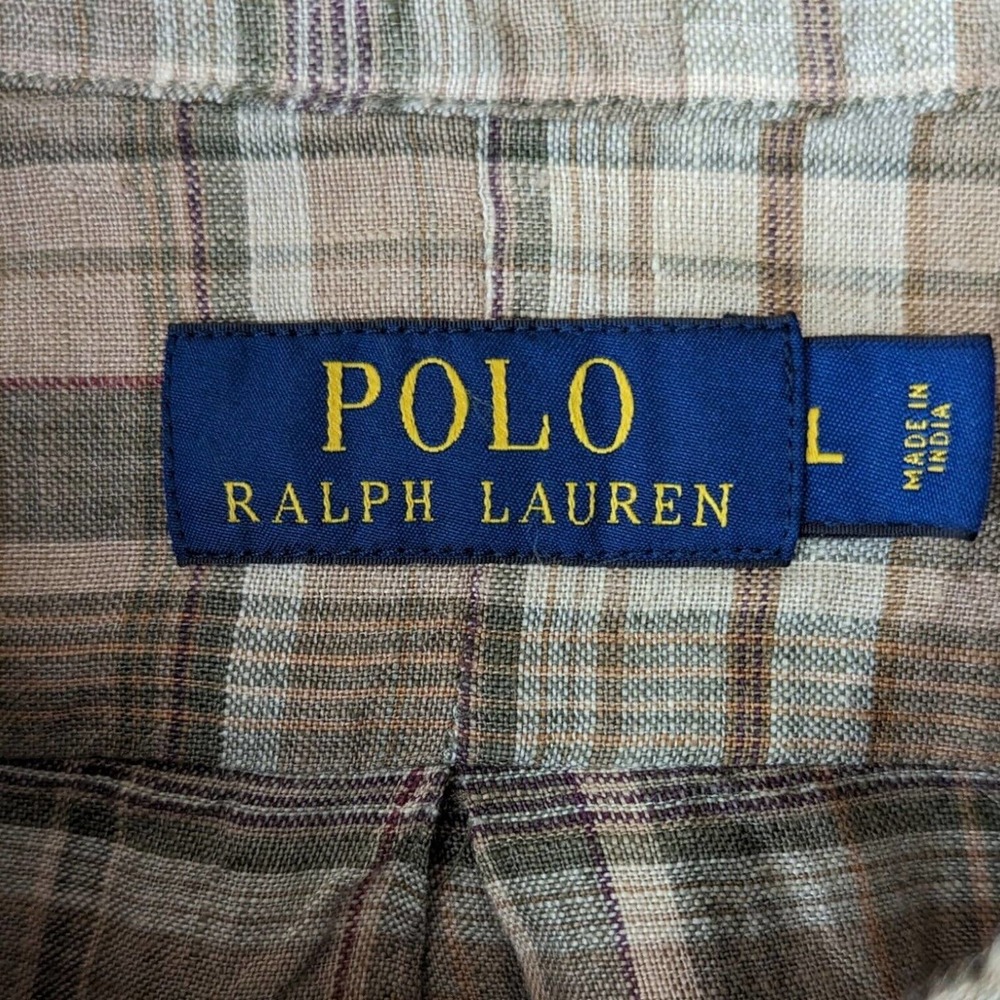 Polo Ralph Lauren Men's 100% Linen Long Sleeve Button Up Tan Plaid Shirt Large - Picture 4 of 8